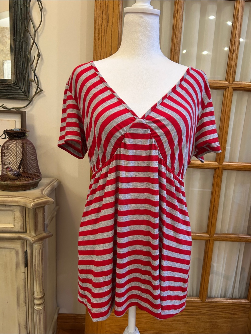 The Limited Red and Light Gray Striped V‑Neck Top